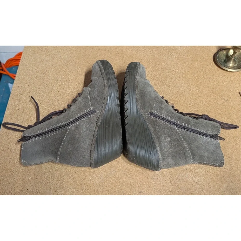 Fly London Yip Grey Green Suede Wedge Ankle Boots Lace Up Side Zip Women Size 39